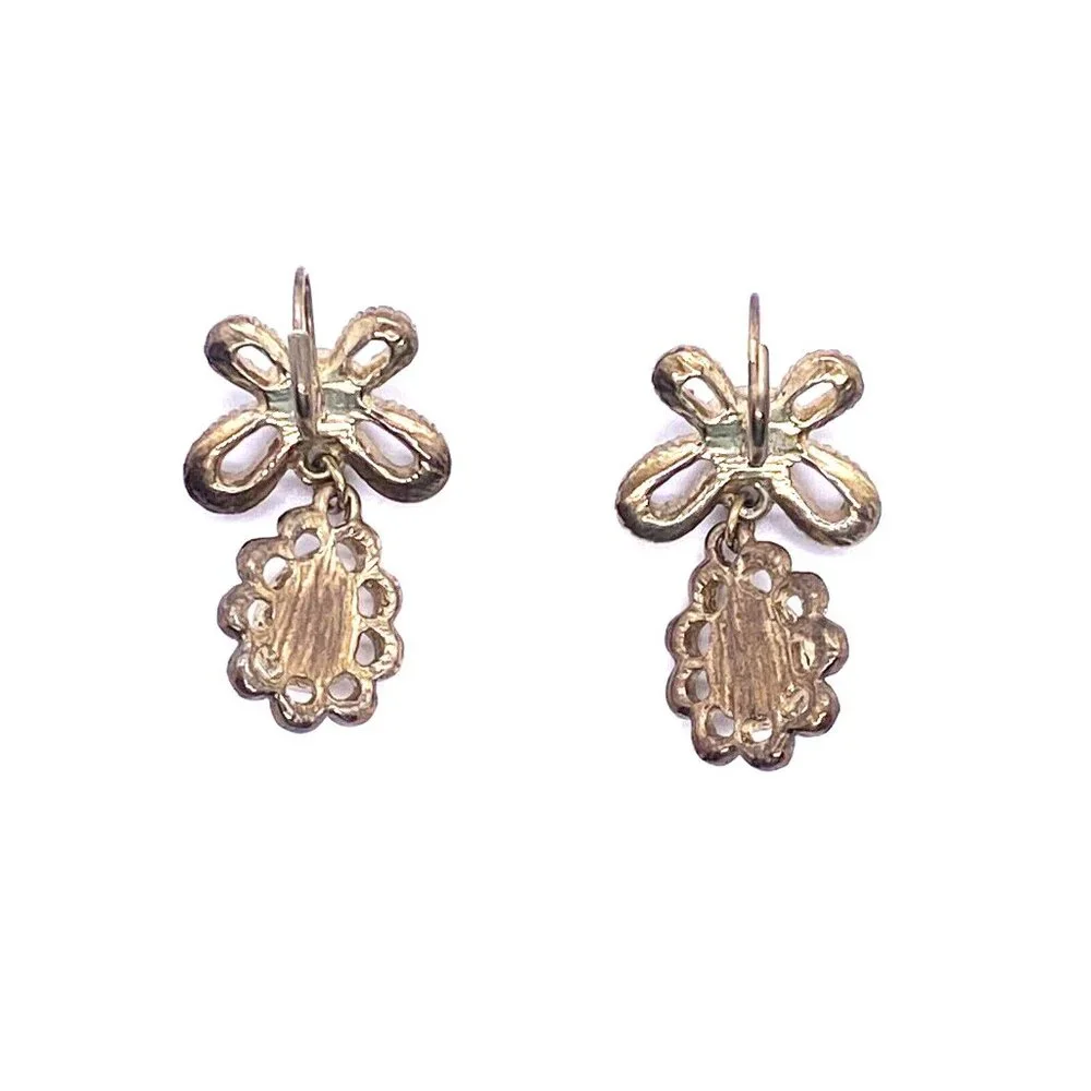 Vintage Gold Tone Crystal Flower Drop Earrings Dangle Rhinestone Art Deco 50s